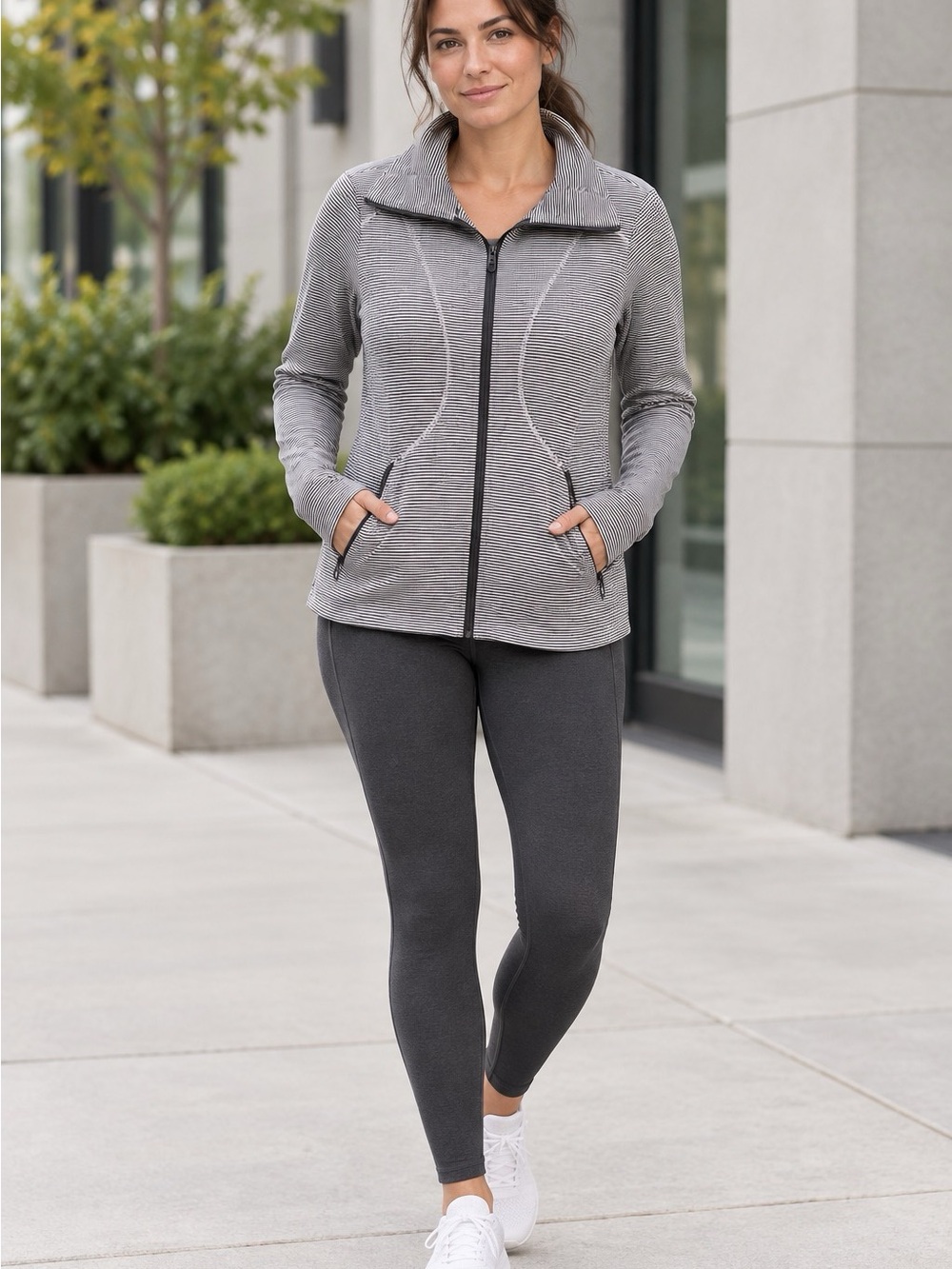 Lole Dark Gray & White Striped Full Zip Athletic Jacket Zip Pockets - Size XL
